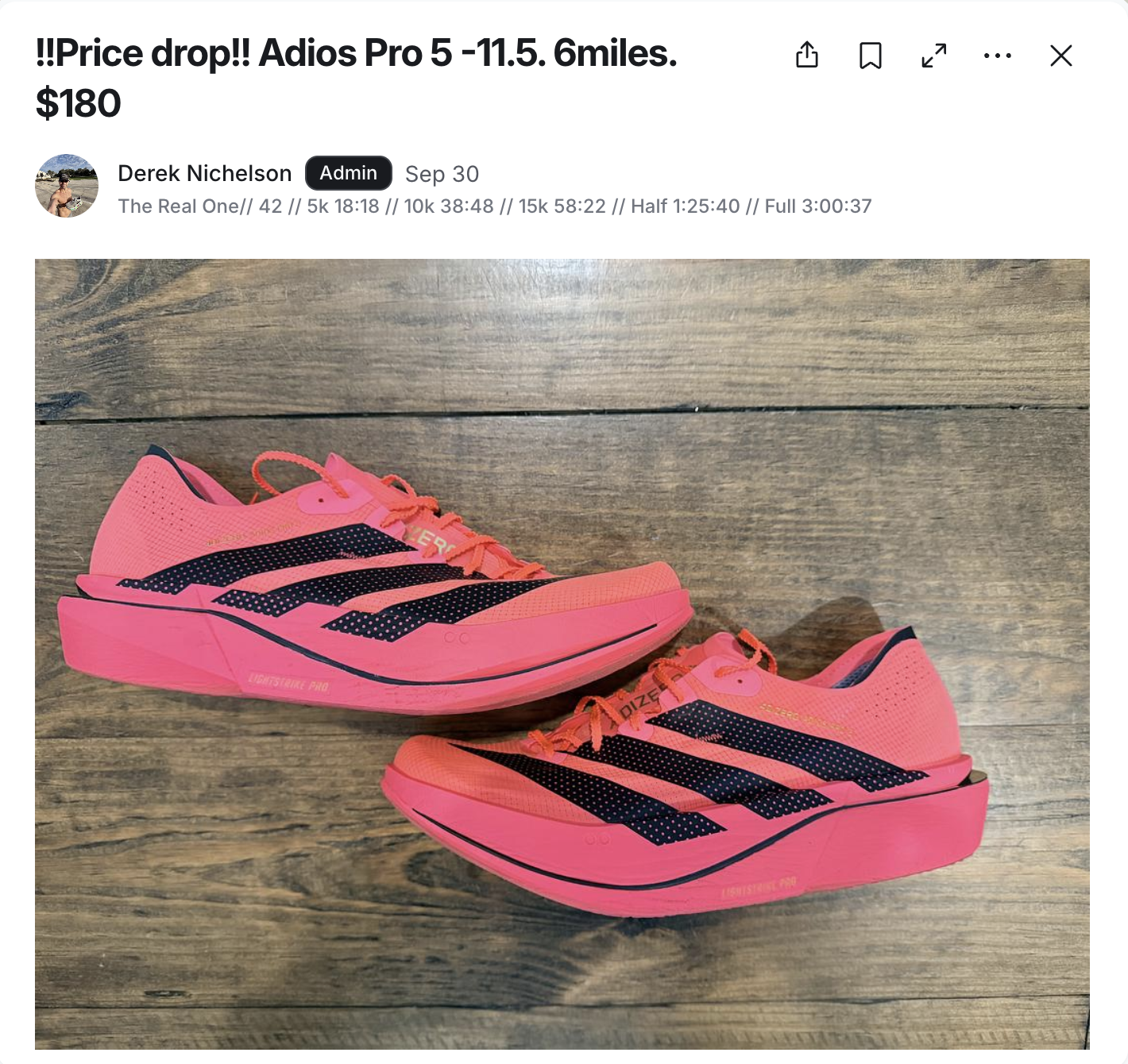Marketplace listing from admin Derek Nichelson: price drop on a pair of Adios Pro 5 running shoes.
